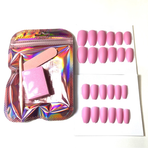 24 Pc Matte Pink Press On Nails | Short Coffin Shape | Reusable with Kit - Picture 3 of 3